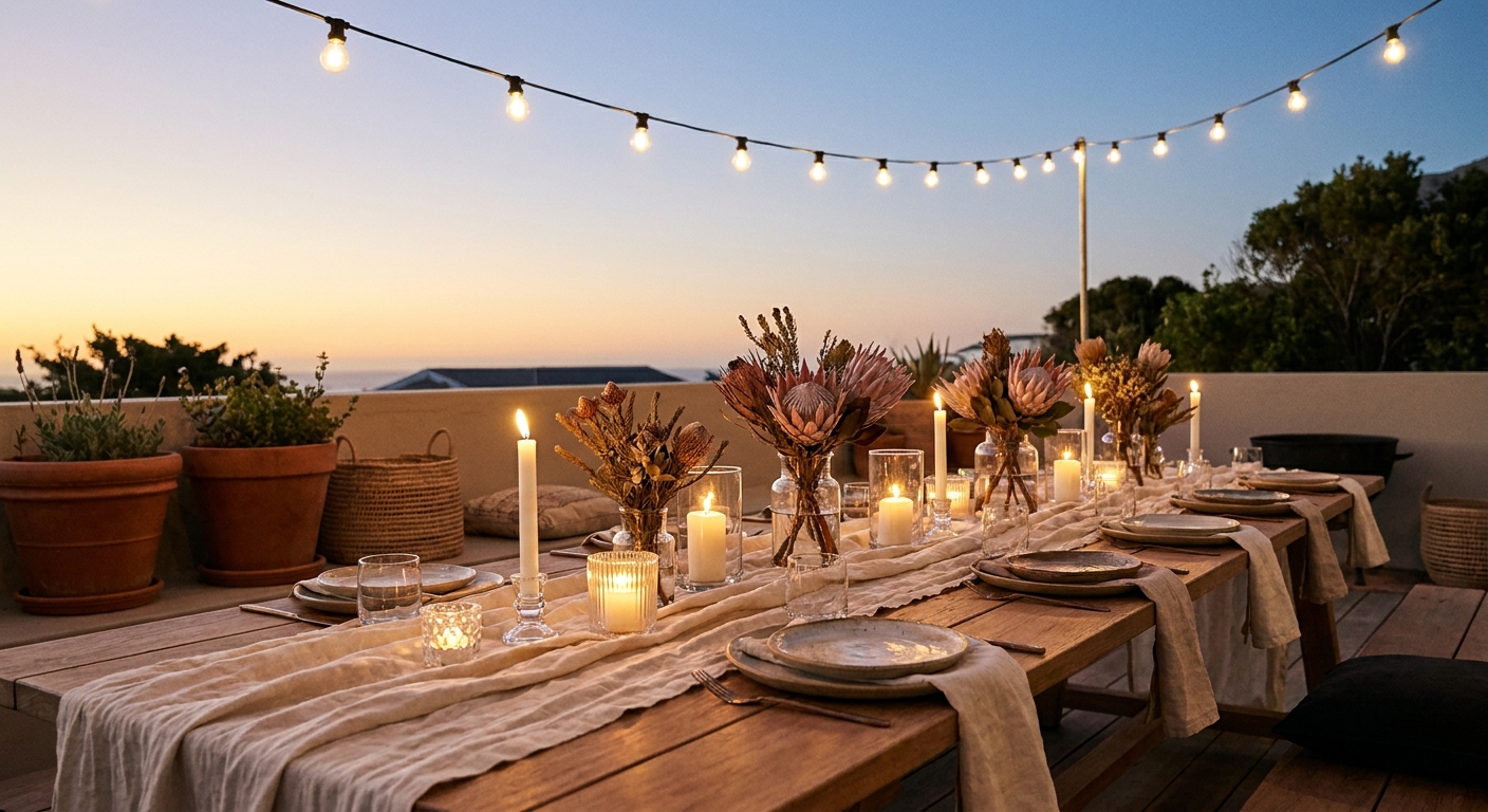 Warm outdoor evening dinner event with string lights