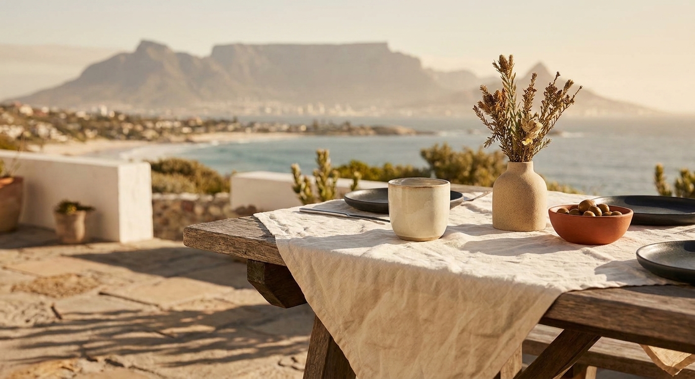 Editorial styled café table with Table Mountain in the background